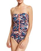 Marble-print Zip-front Bandeau One-piece Swimsuit,