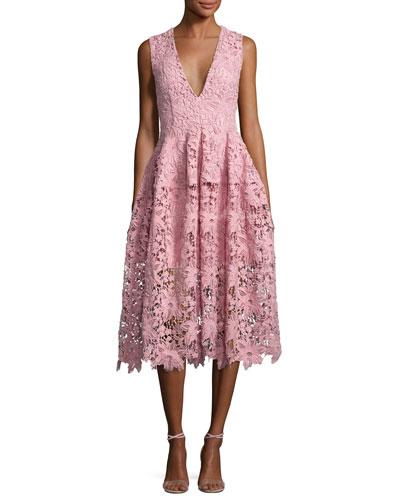 Bellflower Guipure Lace Sleeveless V-neck Ball Dress, Pink