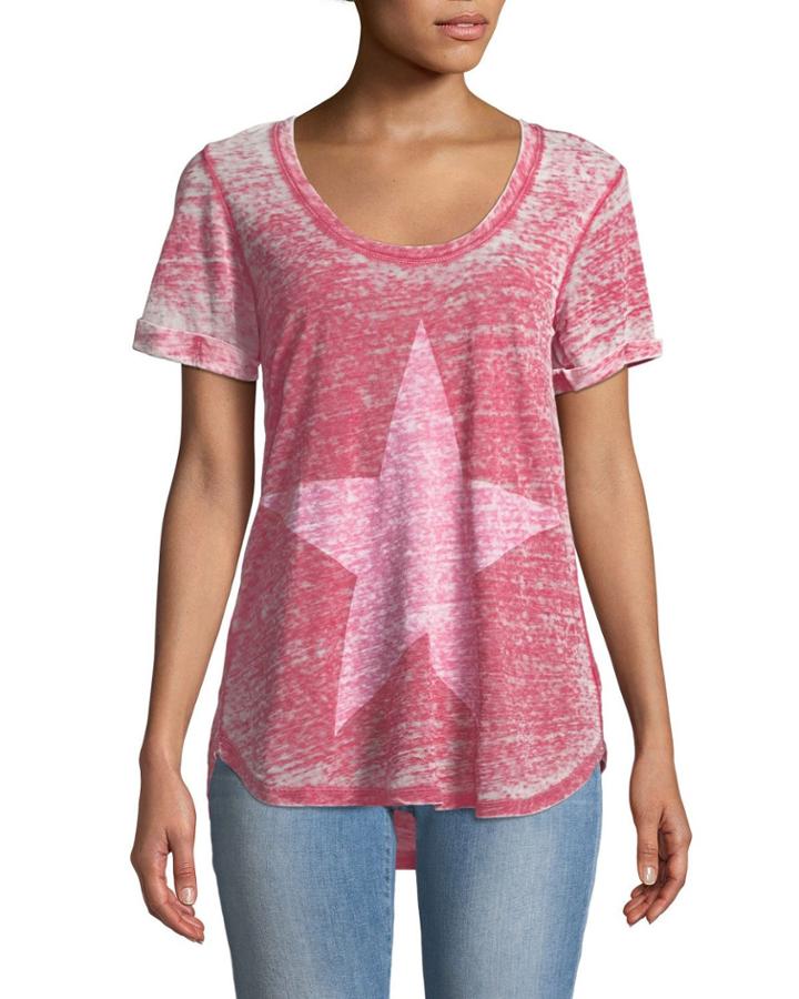 Star-print Roll-sleeve Burnout Tee