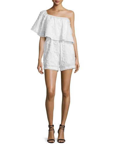 One-shoulder Spot Fringe Romper, White