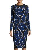 Woodblock Flower Midi Dress, Black/blue