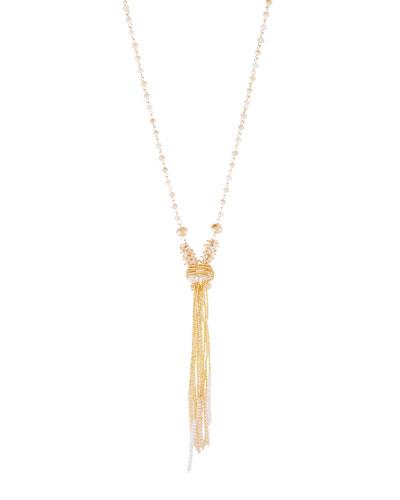 Golden Beaded Crystal Tassel Necklace, Neutrals