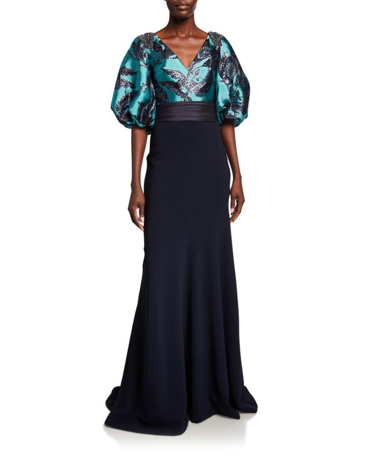 Bishop-sleeve Jacquard Bodice Gown With Crepe