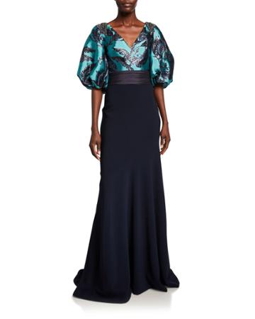 Bishop-sleeve Jacquard Bodice Gown With Crepe