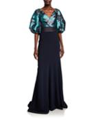 Bishop-sleeve Jacquard Bodice Gown With Crepe
