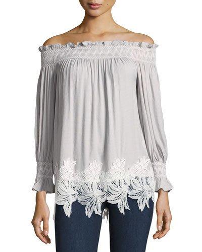 Smocked-trim Off-the-shoulder Top, Gray/white