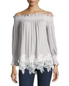 Smocked-trim Off-the-shoulder Top, Gray/white