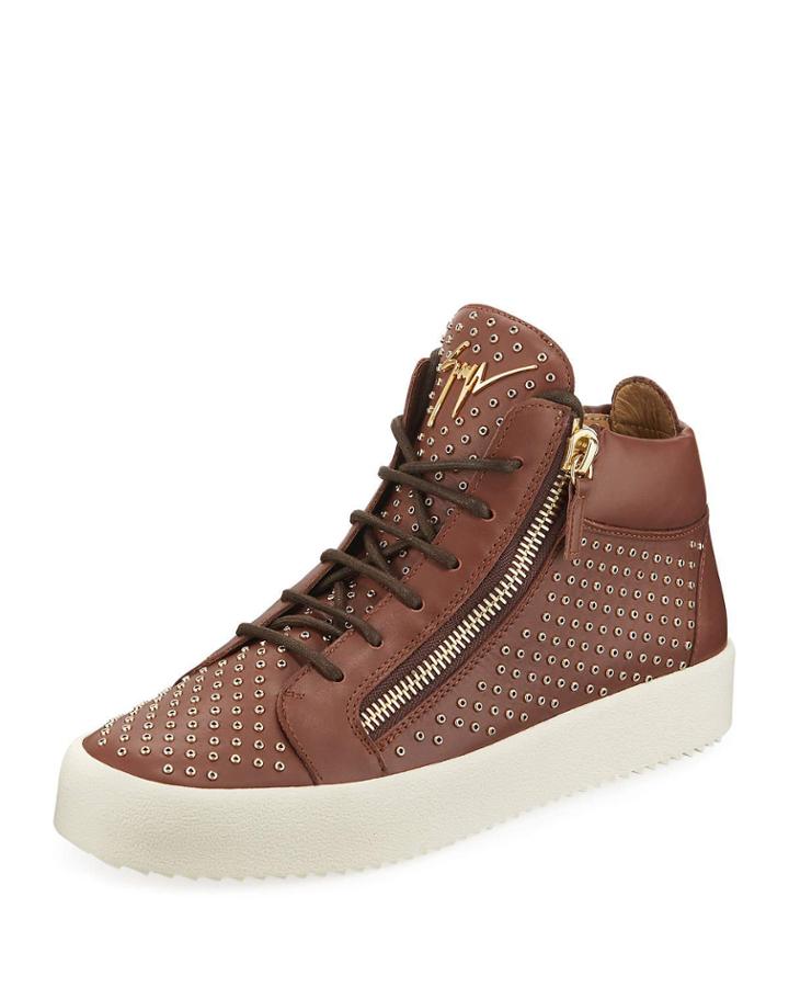 Men's Leather Mid-top Sneakers With Eyelets, Brown