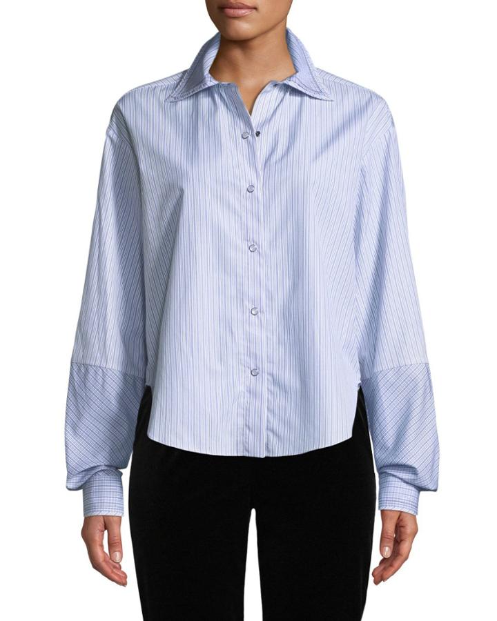 Button-front Big-sleeve Striped Shirt W/ Plaid Collar