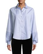 Button-front Big-sleeve Striped Shirt W/ Plaid Collar