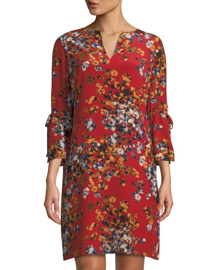 Deandra Floral V-neck Sleek Tech Cloth Dress, Red