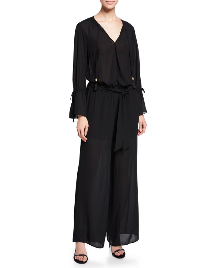 Split-neck Long-sleeve Wide-leg Tie-waist Wrap Jumpsuit