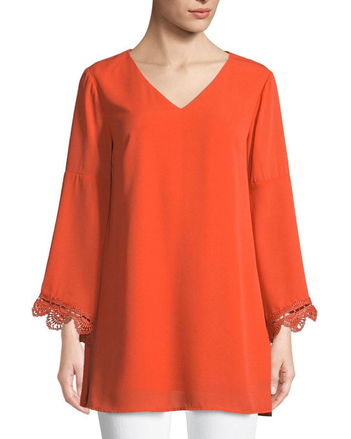Bell-sleeve Lace-cuff V-neck Tunic