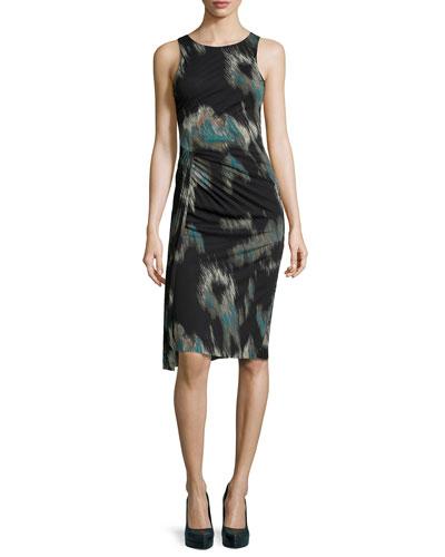Printed Side-twist Pleat Dress, Black Ocean