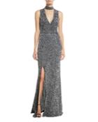 Arial Embellished Sleeveless V-neck Gown