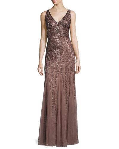 Sleeveless Beaded Mesh Gown,