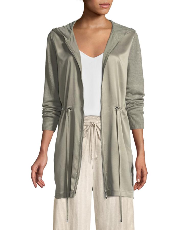 Lustrous Linen Hooded Cardigan With Charmeuse Front