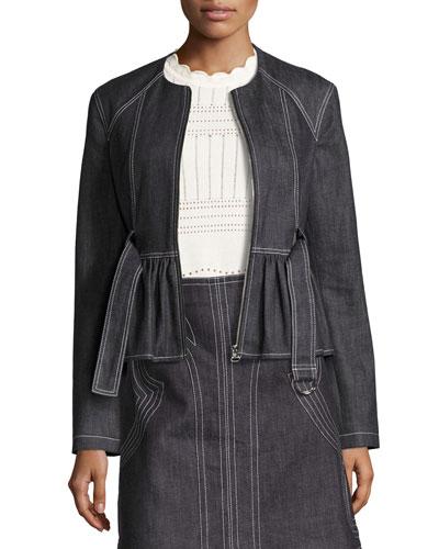 Belted Stretch Chambray Peplum Jacket, Indigo