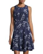 Floral-print Silk Dress With Ruffle Skirt, Navy/combo