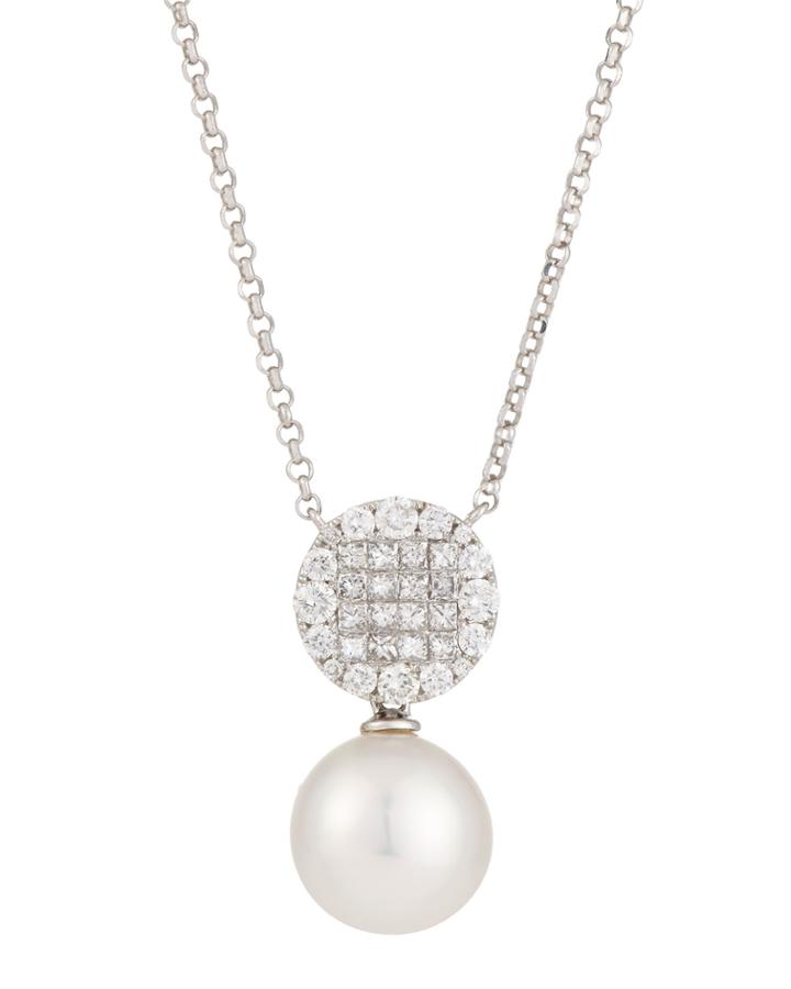 18k White Gold Stationary South Sea Pearl Pendant Necklace W/ Mixed-cut Diamonds