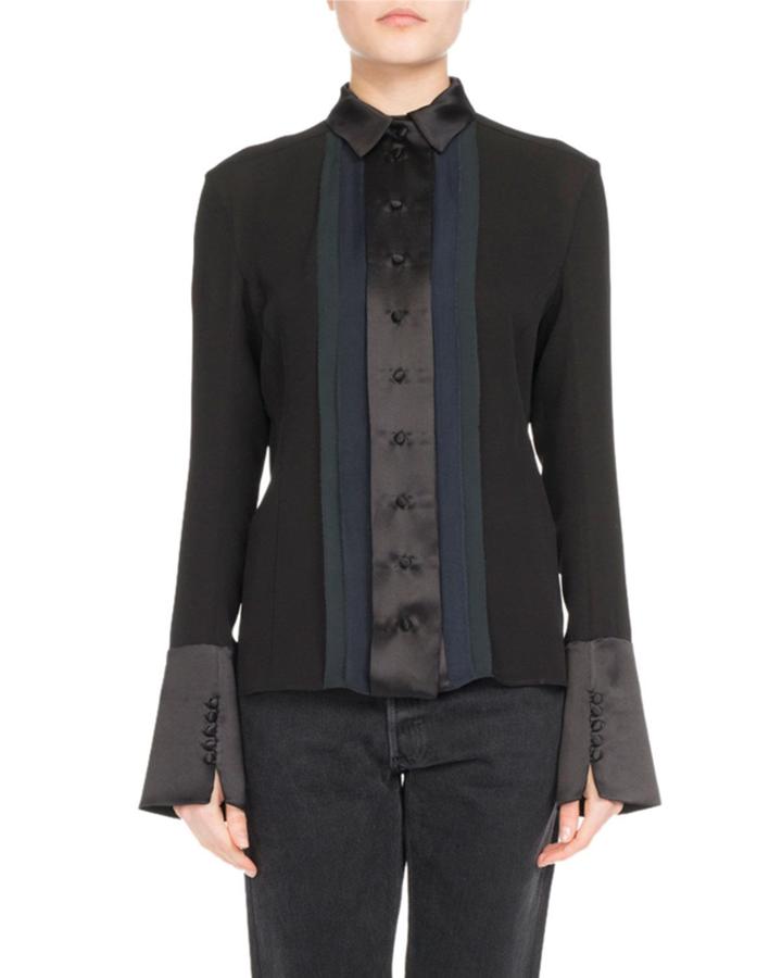 Pleated Silk Button-down Blouse