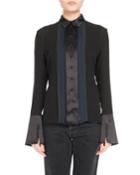 Pleated Silk Button-down Blouse