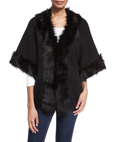 Fur-trim Knit Kimono Sweater, Black/black