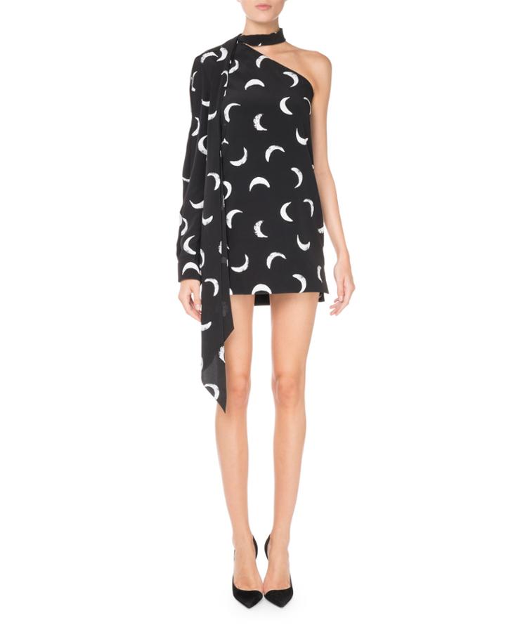 Tie-neck One-sleeve Moon-print Short