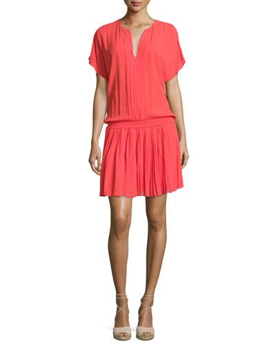 Bryton Smocked-waist Blouson Dress, Coral