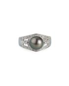 14k White Gold Tapered Diamond And Pearl Ring, Black