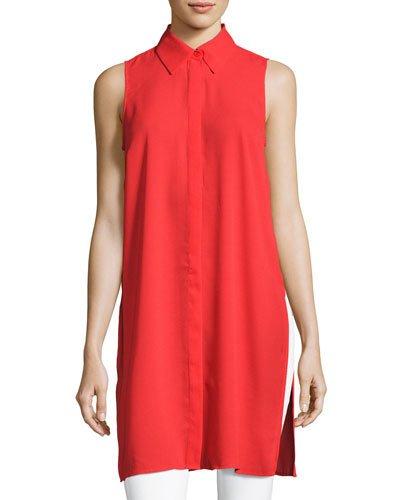 Spread-collar Button-front Tunic, Red