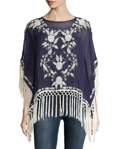 Embroidered Fringe-trim Kimono Top, Navy