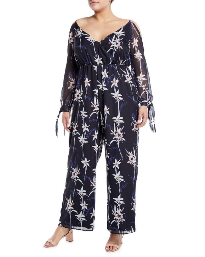 Floral Cold-shoulder Tie-sleeve Jumpsuit,