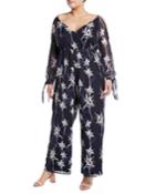 Floral Cold-shoulder Tie-sleeve Jumpsuit,