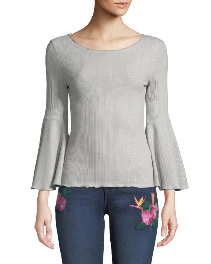 Bateau-neck Textured Flare-sleeve Top