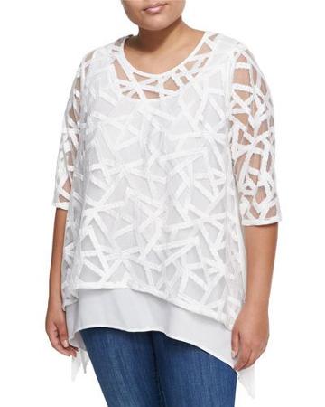 3/4-sleeve Geometric Swing Top, White,