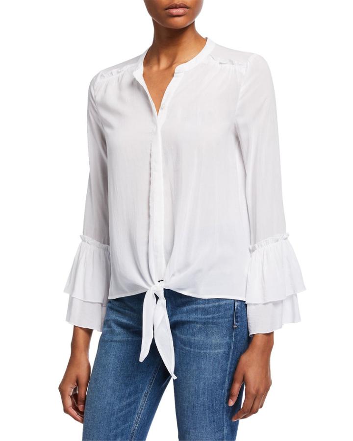 Bell-sleeve Tie-hem Long-sleeve Cotton Top