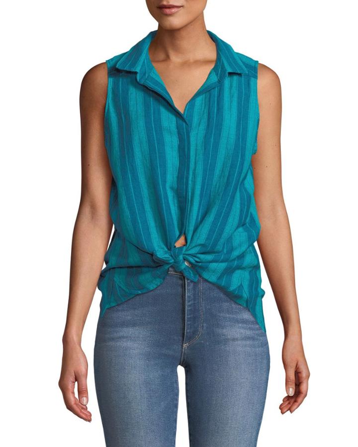 Striped Linen Sleeveless Button-front Blouse