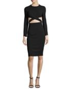 Cutout-midriff Long-sleeve Cocktail Dress, Black