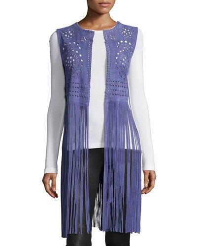 Perforated Suede Vest W/fringe, Blue