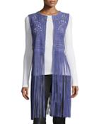 Perforated Suede Vest W/fringe, Blue