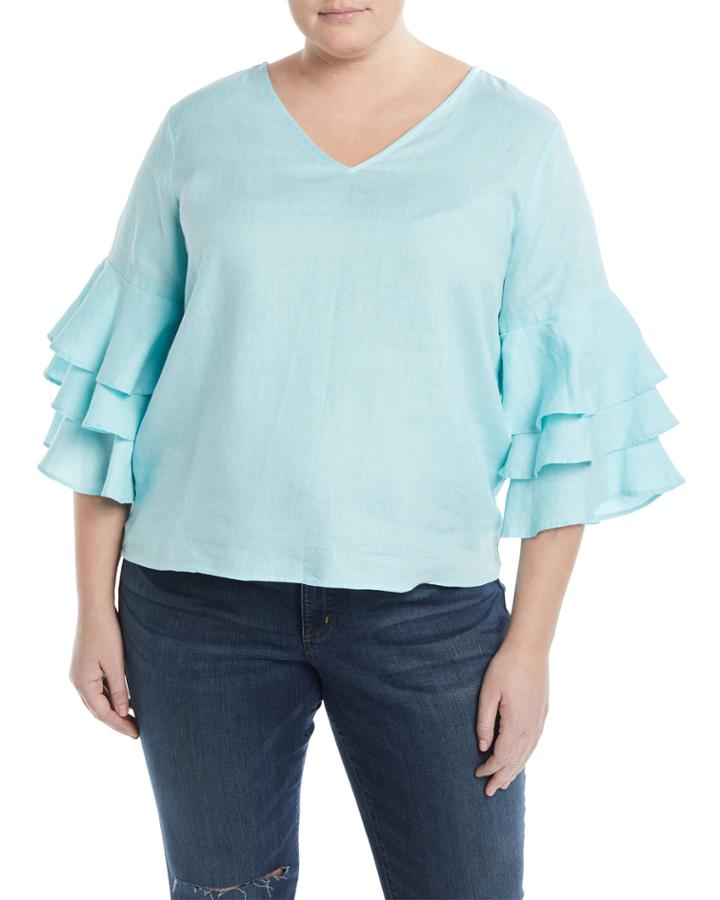 Ruffle-tiered Sleeve Linen Blouse,