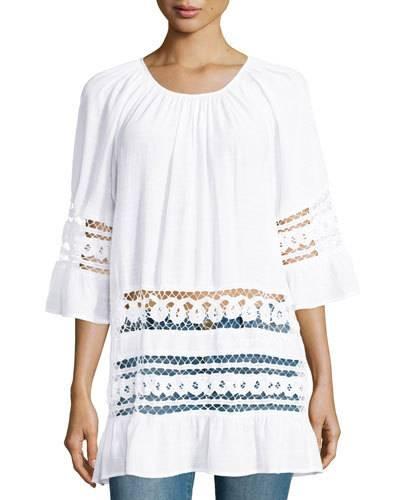 Lace-stripe Bell-sleeve Tunic, White