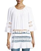 Lace-stripe Bell-sleeve Tunic, White