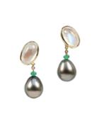 Prince Dimitri For Assael 18k Moonstone, Tahitian Pearl & Emerald Clip Earrings, Women's