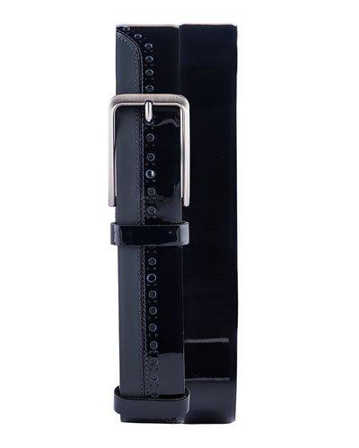 Contrast-trim Patent Leather Belt, Navy