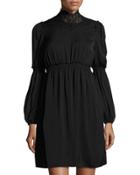 High-neck Bubble-sleeve Dress, Black
