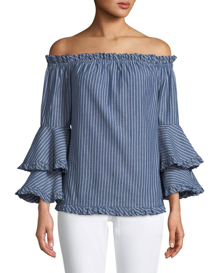 Off-the-shoulder Double-ruffle Cuff Blouse