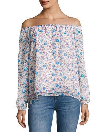 Chantel Off-the-shoulder Floral-print Blouse, Light Blue Pattern