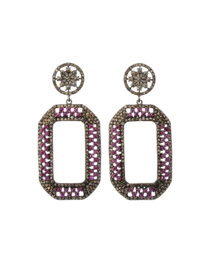 Black Silver Open Drop Earrings With Ruby & Diamonds